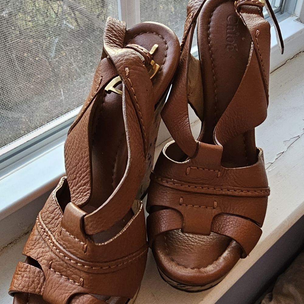 Chloe Brown Leather Wedge Sandals